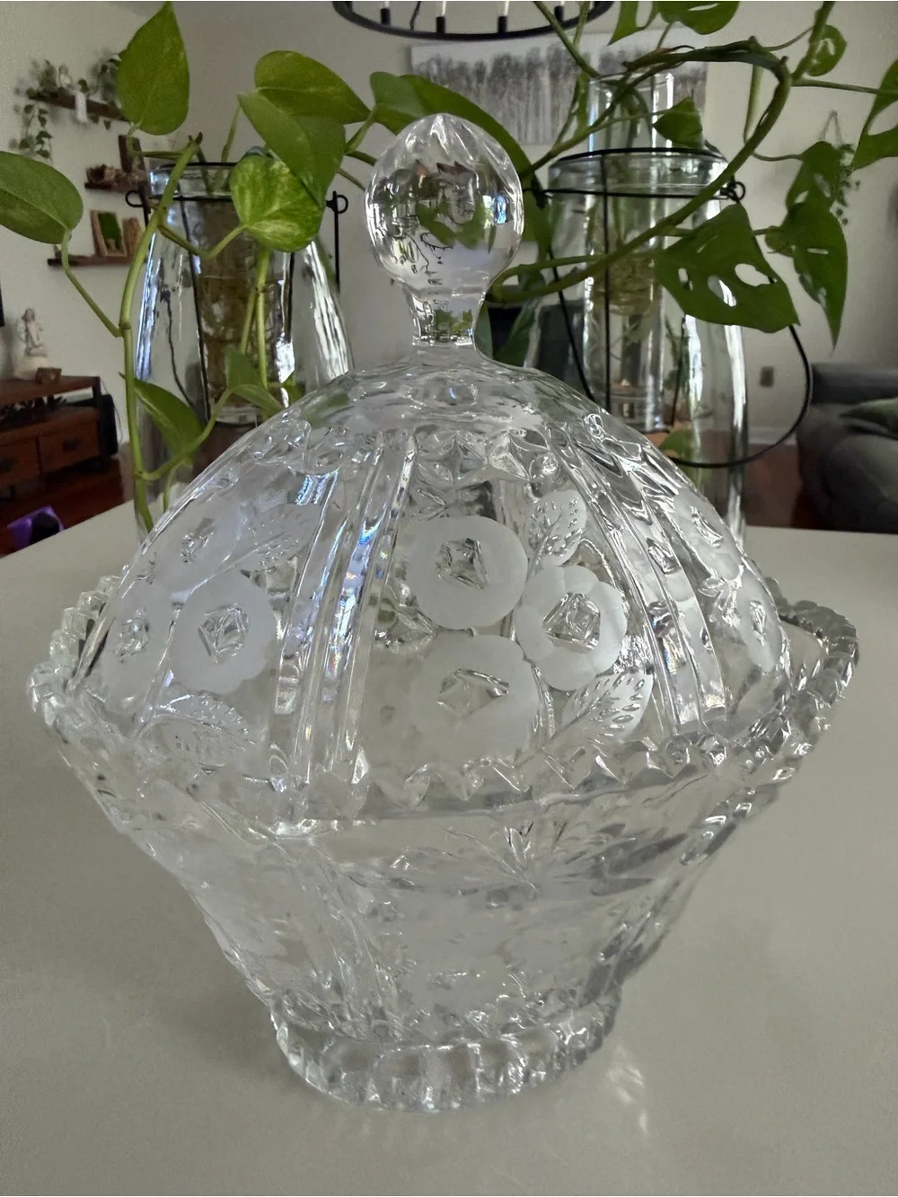 Vintage Crystal Covered Candy Dish Pedestal Compote Etched Floral Glass Bowl 10”